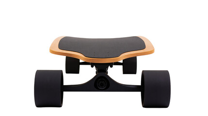 Modern electric skateboard with black grip tape and wooden deck, isolated on transparent background © AnaMaria