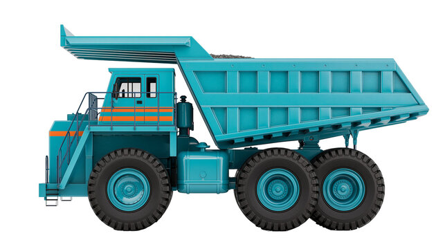 Teal mining dump truck with orange stripes, isolated on transparent background