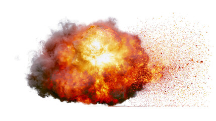 Fiery orange and yellow explosion with dark smoke, isolated on transparent background © AnaMaria