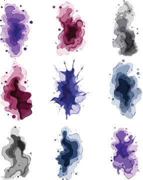 Abstract watercolor ink splashes and bleeds forming organic stains and fluid blurs in muted purples, maroons, greys and blues a modern, versatile background for creative design