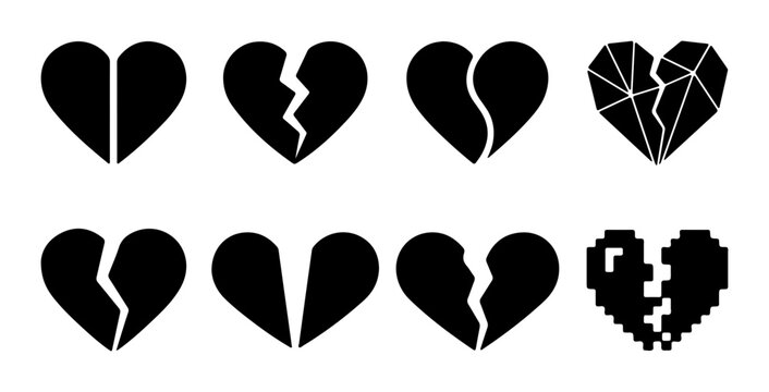 Broken Heart Icons Set, Vector Graphics for Relationship Loss, Sadness, and Breakup Concepts