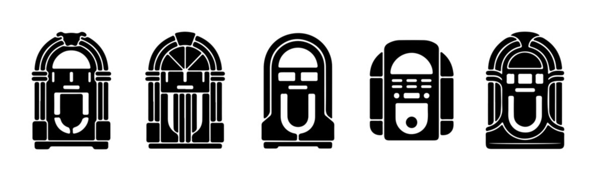 Retro Jukebox Icons, Vintage Music Machine Vector Set, Classic Entertainment Machine Graphics