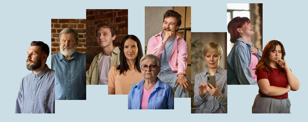 Obraz premium Portrait collage of multi generation people representing diverse talent pool for recruitment. Concept of candidate database, hiring campaigns, workforce diversity and talent selection.