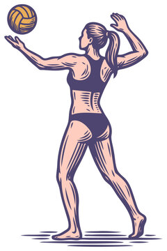 Vector engraving illustration of a fit female athlete playing beach volleyball. Young woman in a bikini serving the ball. Vintage sports art.