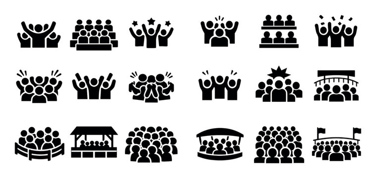 Rodeo and crowd icon set with cheering audience arena seats and lively reaction for event design in minimal style