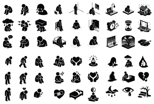 Mental health and depression design icons with person sitting, crying and heartbroken for infographic design in solid style