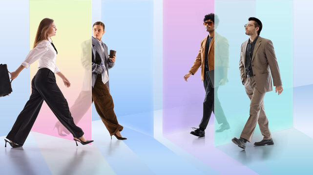 Diverse professionals walk through translucent panels for recruitment and candidate selection. Concept of hiring campaigns, talent search, HR platforms, and job market visuals.