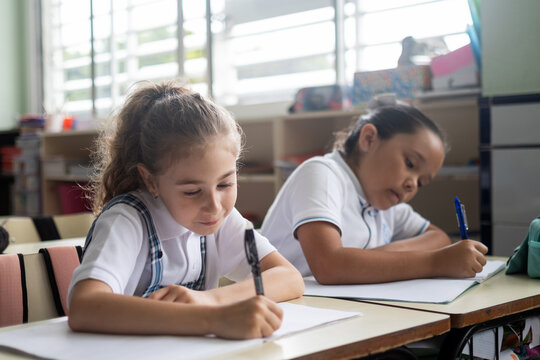 Elementary school girls writing in notebook