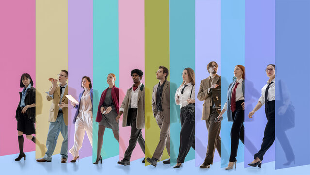 Large group of diverse candidates stands in colorful lineup for hiring campaign and employer branding. Concept of recruitment, job boards, talent choice, and corporate culture.