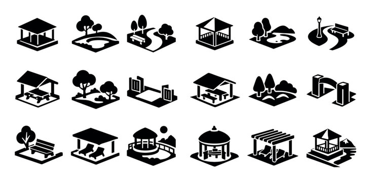Black and white isometric park and public shelter icon set with shade structure visitor rest open access for mobile design style