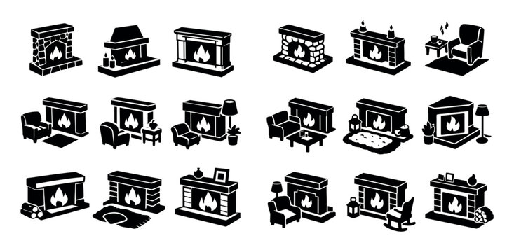 Interior and cozy space icon set with stone fireplace hearth warm glow for home comfort in isometric style