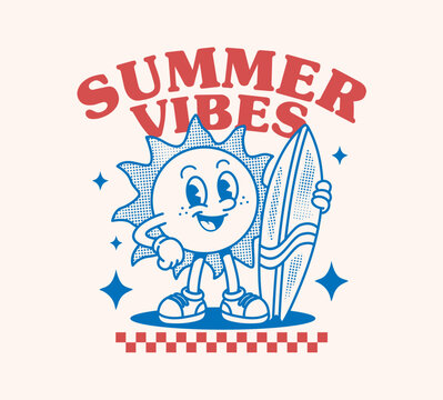 Retro sun mascot holding a surfboard with Summer Vibes typography. Vintage cartoon vector perfect for t-shirts, stickers, posters, prints, branding, and summer apparel