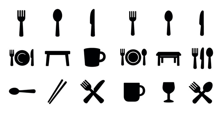Casual dining and practical use icon set with fork spoon and knife for home dining design in solid vector art