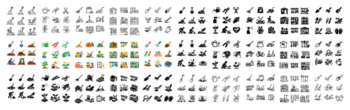 Gardening and landscaping design icons with shovel, plants and gloves for web design in solid style