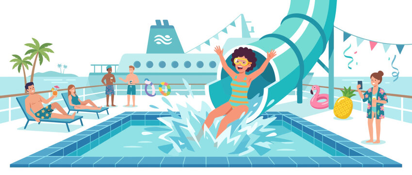 Cruise ship vacation: people relaxing by pool and enjoying waterslide fun
