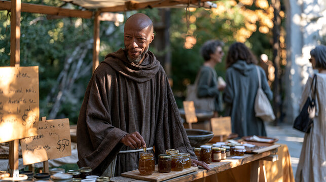 Autumn morning farmers market at monastery gate, Benedictine monk in work habit sells honey and preserves to neighborhood shoppers, overhead harvest light, hand-lettered price