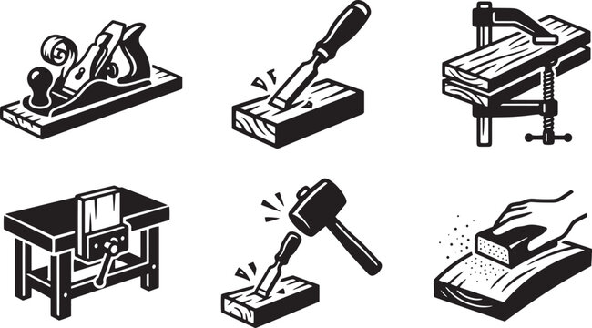 Woodworking tools, carpentry icons, woodwork equipment, crafting tools isolated on Transparent Background