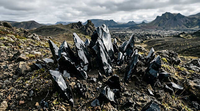 Jagged Obsidian Rocks Amidst a Volcanic Landscape under a Cloudy Sky