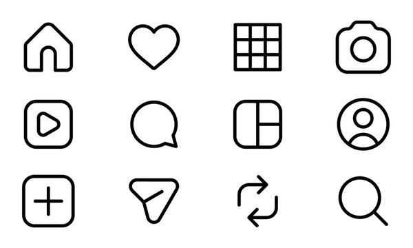 Instagram line icon set - home, camera, reels, search, and profile symbols - instagram like icon, love, comment, repost, save, share icon signs - social media notification like comment, share icons