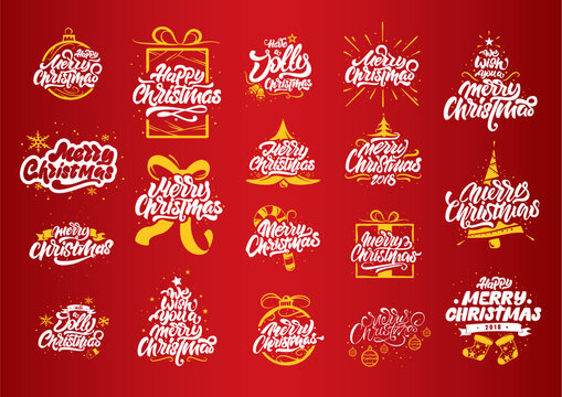 Merry Christmas lettering designs. Christmas tree yellow illustrations.Happy New Year typography. Lettering logos for postcard, poster, gift and T-shirt
