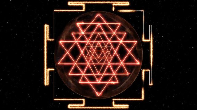 Animation of Sri Yantra mandala, glowing sacred geometry used in Hinduism, Tantrism as a tool for meditation and concentration to harmonize the mind and promote spiritual awakening
