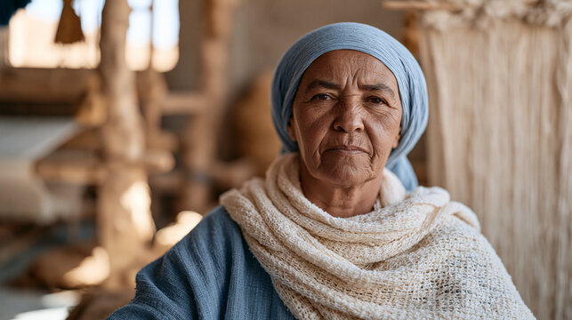 Berber woman entrepreneur leading a handwoven textile export business from a rural North African workshop, minority business ownership, artisan economy, immigrant origin success,
