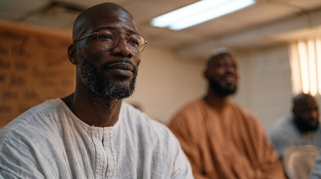 Nigerian Pentecostal men in a weekday recovery circle sit on folding chairs in church basement, sponsor holding Scripture open beside a testimony board covered in handwritten