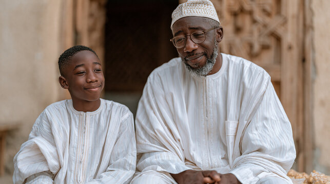 Nigerian Muslim father and son sit side by side at mosque door distributing food parcels after Friday prayers, matching white kaftans, father watching son make change with proud