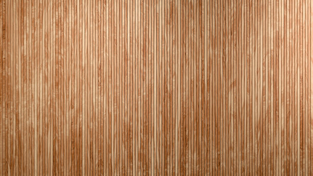 Light brown wooden slats are arranged in parallel vertical rows to form a modern architectural wall panel texture background. 3D rendering.