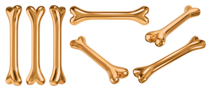 Isolated metallic gold cartoon bones in various angles for premium pet supply graphics. 3D rendering.