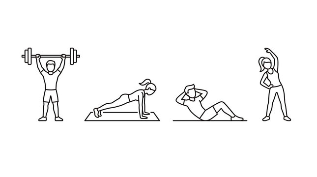 Dynamic collection of outline icons illustrating various fitness exercises and workout routines for an active lifestyle