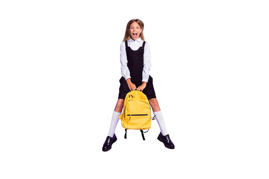 Full length body size view of her she nice attractive cheerful cheery crazy small little schoolkid jumping having fun isolated bright vivid shine vibrant lilac violet purple color background