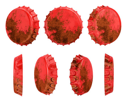 Isolated Set of weathered rusty red crown cork bottle caps floating in dynamic top and side profile angles. 3D rendering.