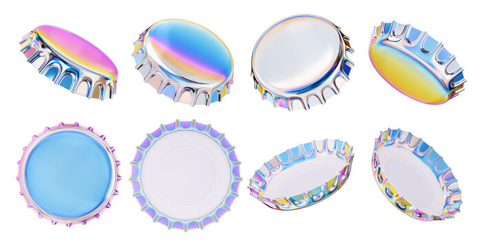 Set of Isolated Blank Iridescent Holographic Metal Bottle Caps Showing Multiple Angles. 3D Rendered Mockup.