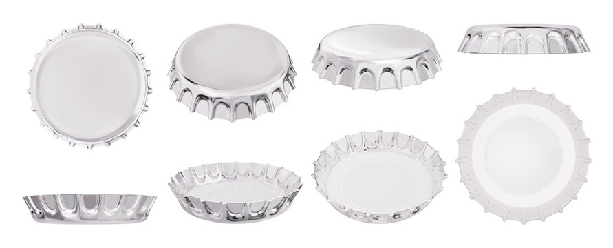 Set of Blank Silver Chrome Metal Bottle Caps from Multiple Angles. 3D Rendered Mockup.