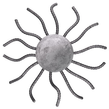 Isolated Abstract Concrete Sphere with Protruding Curved Steel Rebar. 3D Rendering.