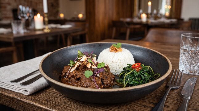 Elegant fine-dining presentation of Rendang Minang for luxury hotel menus, hospitality branding, tourism campaigns, and premium culinary advertising.