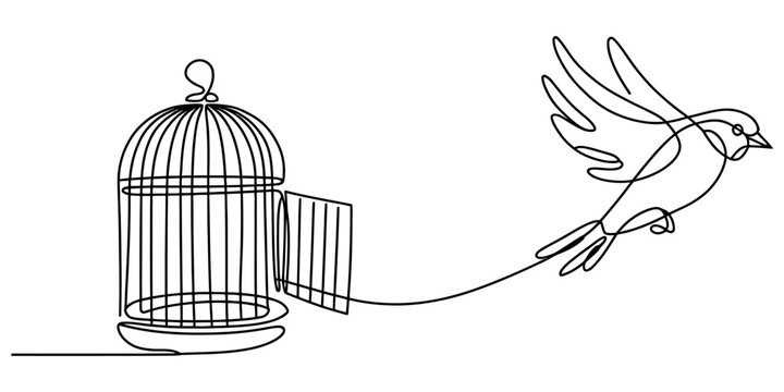 Continuous single line drawing of a bird flying away from an open cage representing freedom and escape