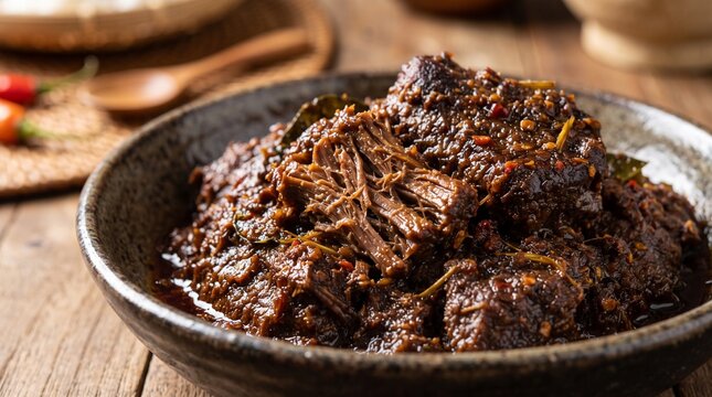 Macro close-up of authentic Rendang Minang highlighting rich beef texture and aromatic spices for menus, packaging, and culinary publications.