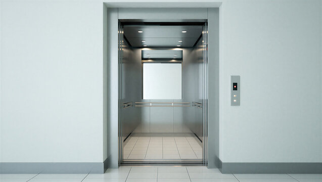 Open elevator doors in modern office building corridor with elevator corridor building interior