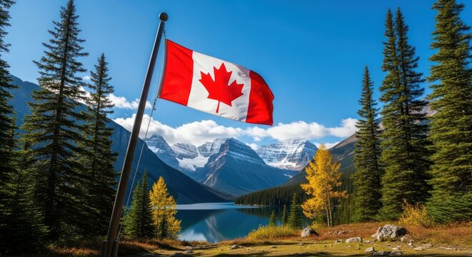 Canada flag waving against city buildings urban background vector illustration