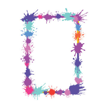 Colorful paint splashes and drips forming a rectangular frame around a white background, creating a vibrant border and lively graphic element for various design concepts