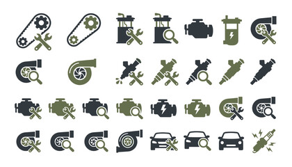 Car engine maintenance and auto mechanic icon set. Turbocharger, timing belt, injector, wrench, spark plug, fuel pump, diagnostic magnifying glass and vehicle repair service. © Creative Studio 