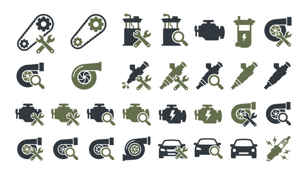 Car engine maintenance and auto mechanic icon set. Turbocharger, timing belt, injector, wrench, spark plug, fuel pump, diagnostic magnifying glass and vehicle repair service.