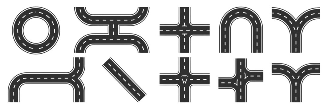 road illustration set with straight curves cross intersections and roundabout