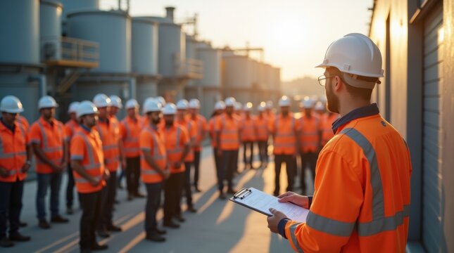 Trabajadores reuni&eacute;ndose en un punto de encuentro designado al aire libre tras un simulacro de evacuaci&oacute;n