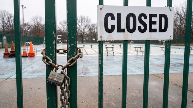 Closed public swimming pool gate with steel padlock and chain barrier