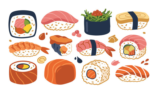 Japanese sushi and maki roll vector set. Nigiri, salmon, tuna, shrimp, tamago, seaweed, caviar, ginger and asian food.