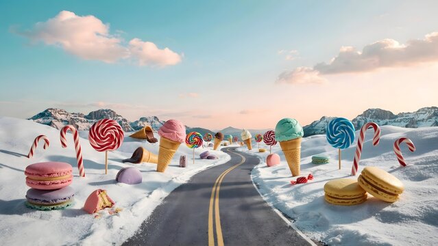 Whimsical winter road scene with candy and sweets in snowy landscape