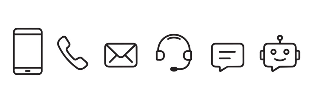 Minimalist vector graphic illustration of customer service icons on a white background for business communication